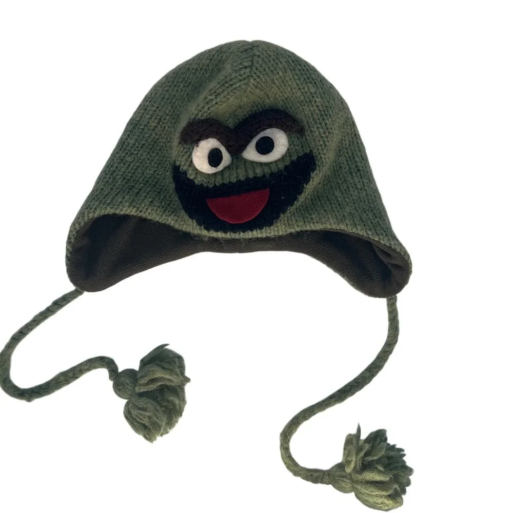 Knitwits Oscar the Grouch Sesame Street Beanie‎ Hat Winter Warm Earflap Tassels